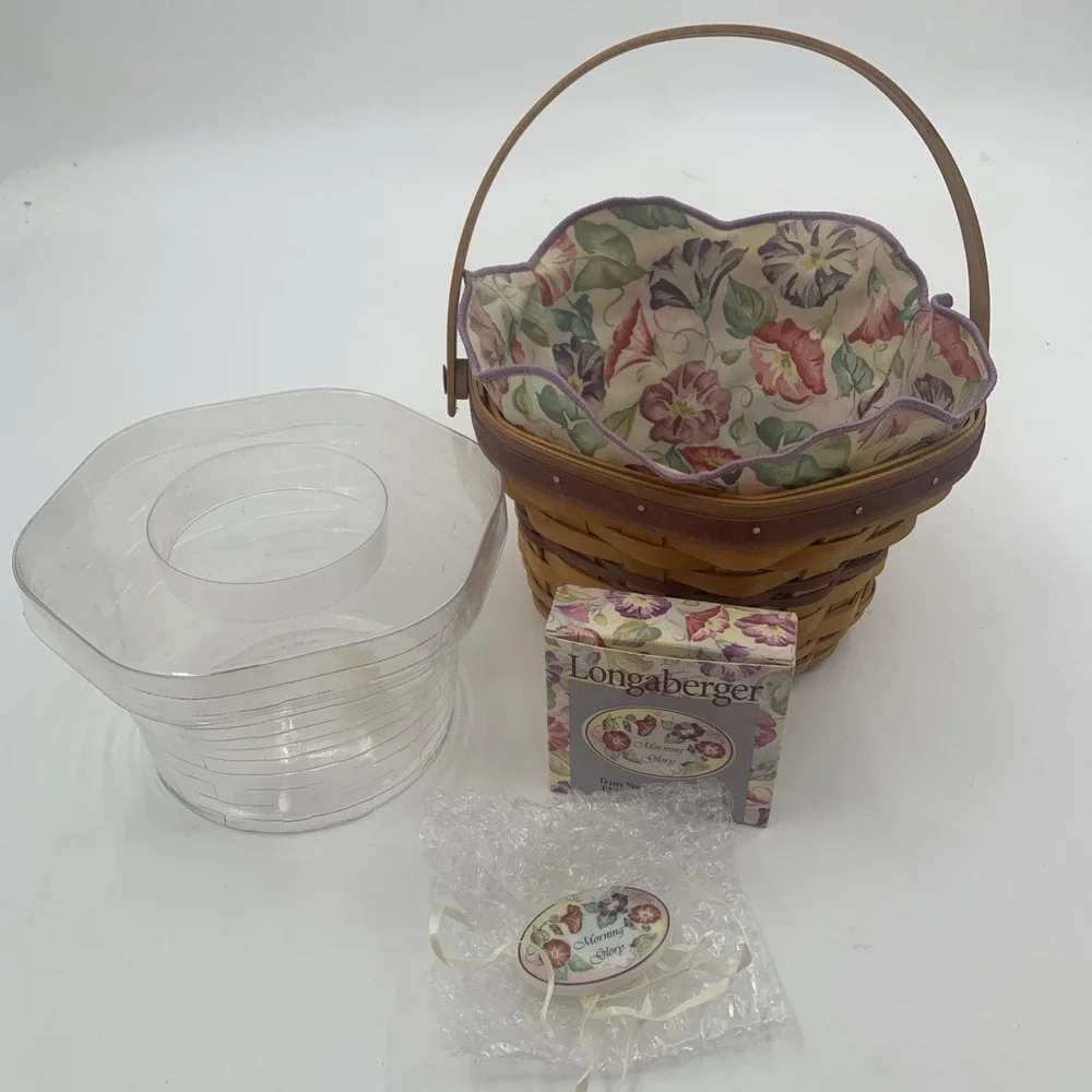 Longaberger Morning Glory Basket Bundle 2000 May Series Liner Protector Lid Tag